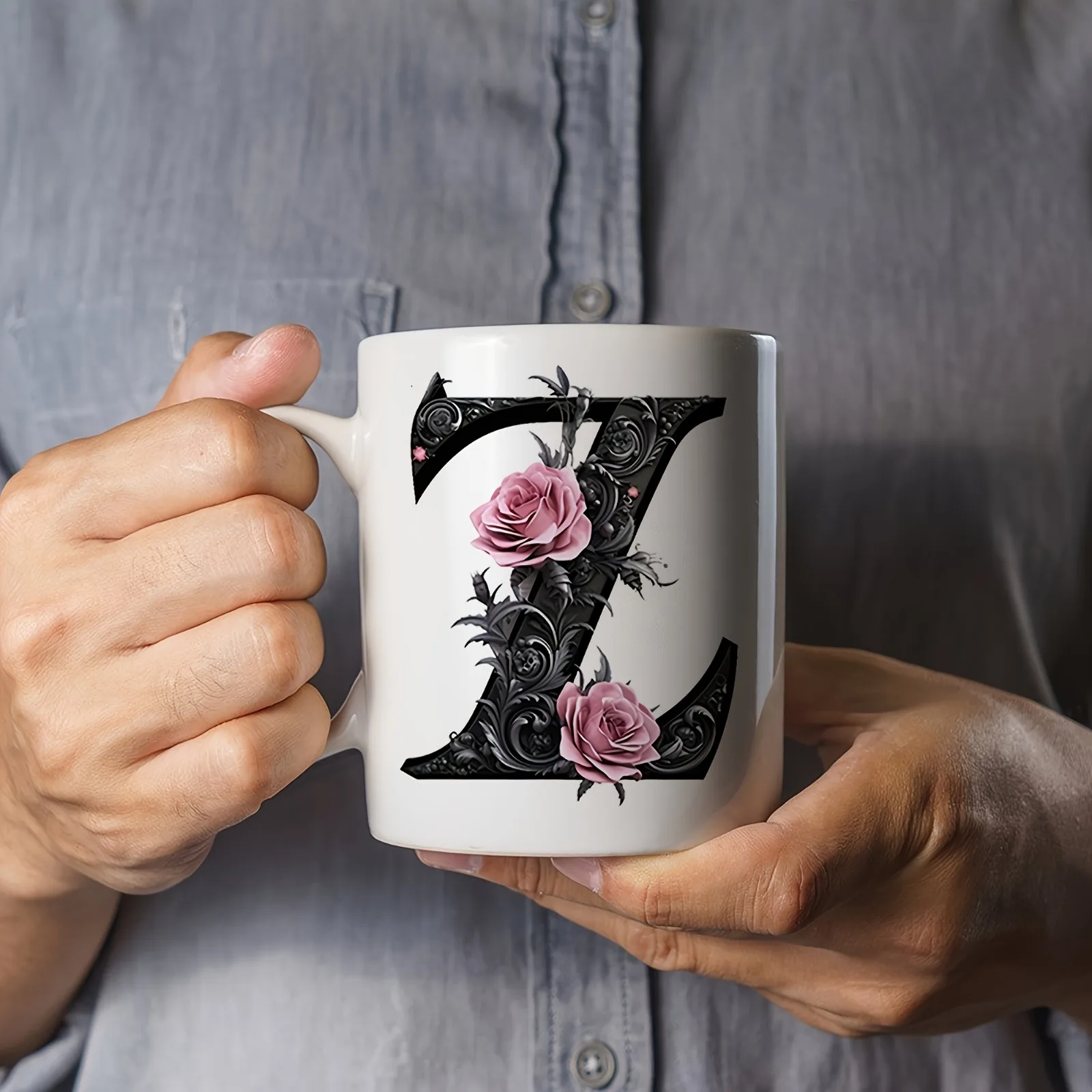 Floral Monogram Letter A Coffee Mug, Vintage Pink Rose Initial Ceramic Cup, Gothic Ornate Alphabet Mug Gift for Her