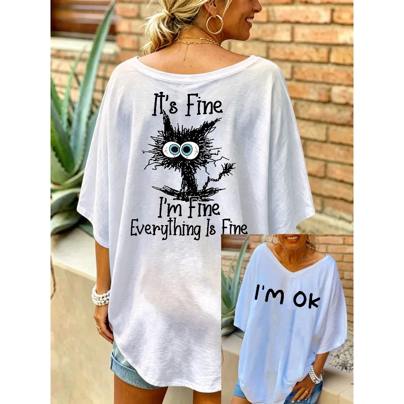ilstile Women's Everything is Fine Letter Print T-Shirts Summer Short Sleeve Casual Loose V Neck Long Tops White Black Tees