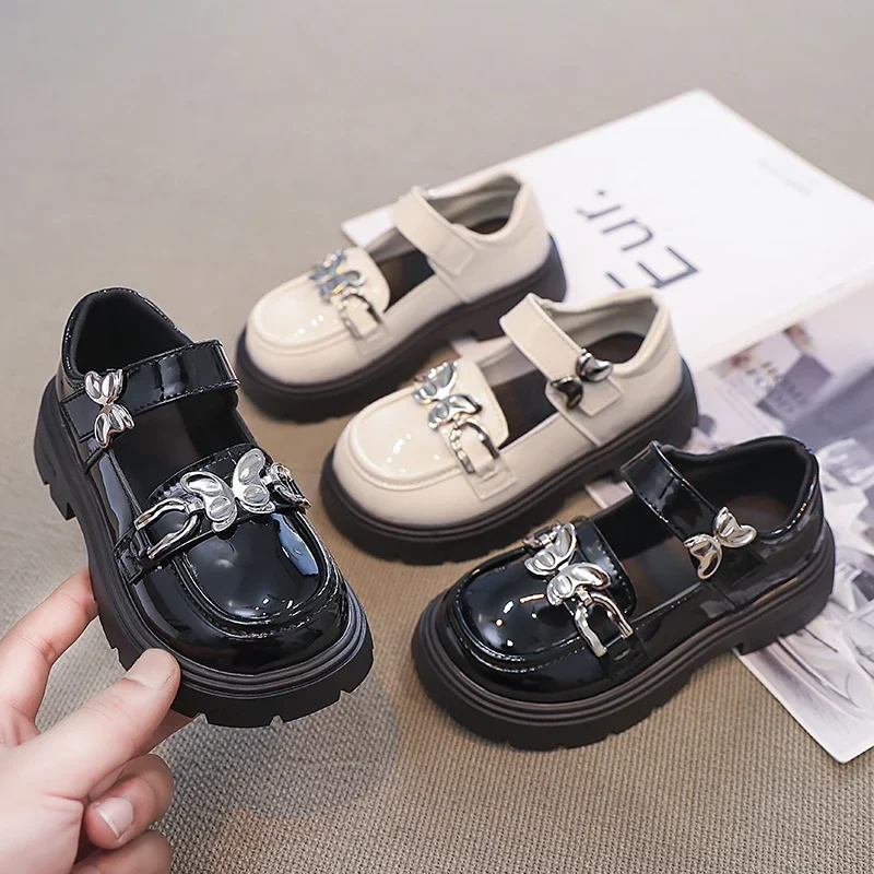 2026 Spring Autumn New Children's Leather Shoes for Girls Medium Big Kids Mary Janes Classic Fashion with Metal Butterfly Buckle