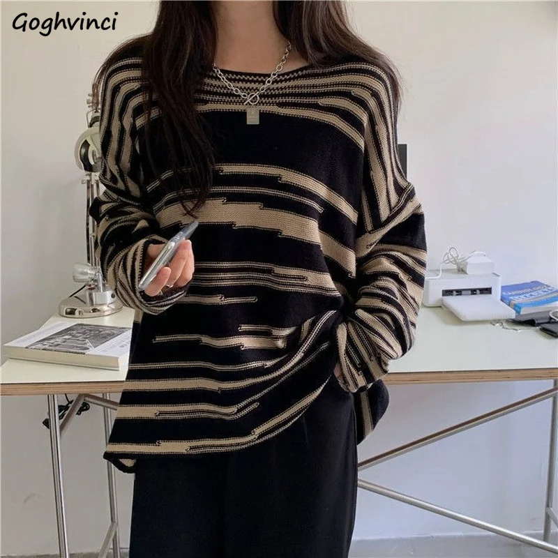 Striped Sweaters Women O-neck Knitted Vintage Long Sleeve Pullovers Autumn Winter All-match Clothes Loose Cozy Warm New Jumpers