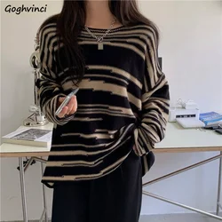 Striped Sweaters Women O-neck Knitted Vintage Long Sleeve Pullovers Autumn Winter All-match Clothes Loose Cozy Warm New Jumpers