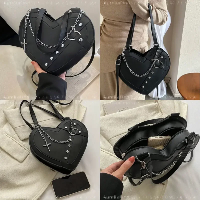 Women Gothic Y2K Punk Rock Heart Shaped Shoulder Bag Rivet Embellished Cross Body Purse Adjustable Strap Zipper Closure Music