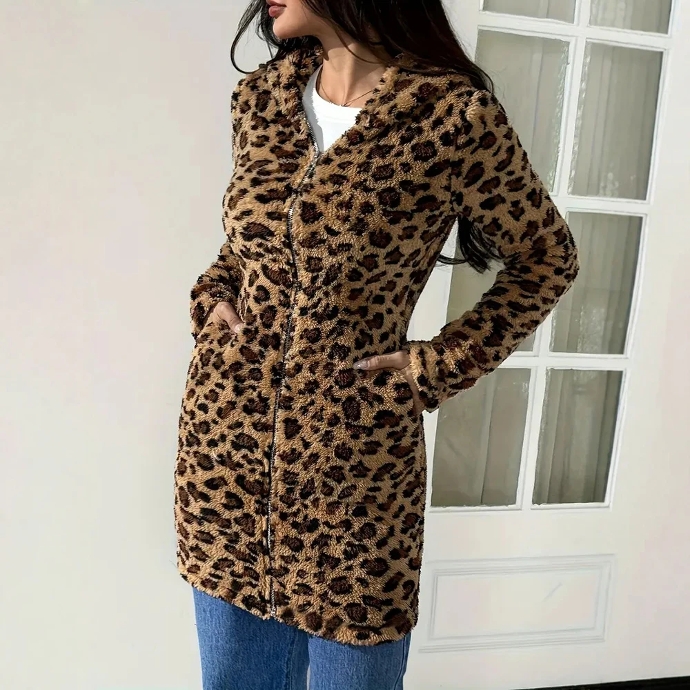 

Elegant Casual Women's Leopard Print Zipper Hooded Sweatshirt Jacket with Pockets Slim Plush European American Style Outerwear