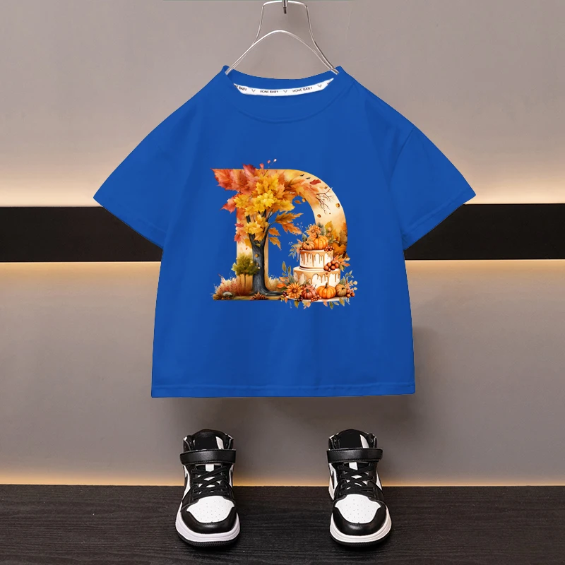 T-shirt à Manches Courtes pour Enfant Garçon et Fille, Vêtement Kawaii avec Lettres D et Feuilles d'Érable, Dessin Animé, Nouvelle Collection 2024