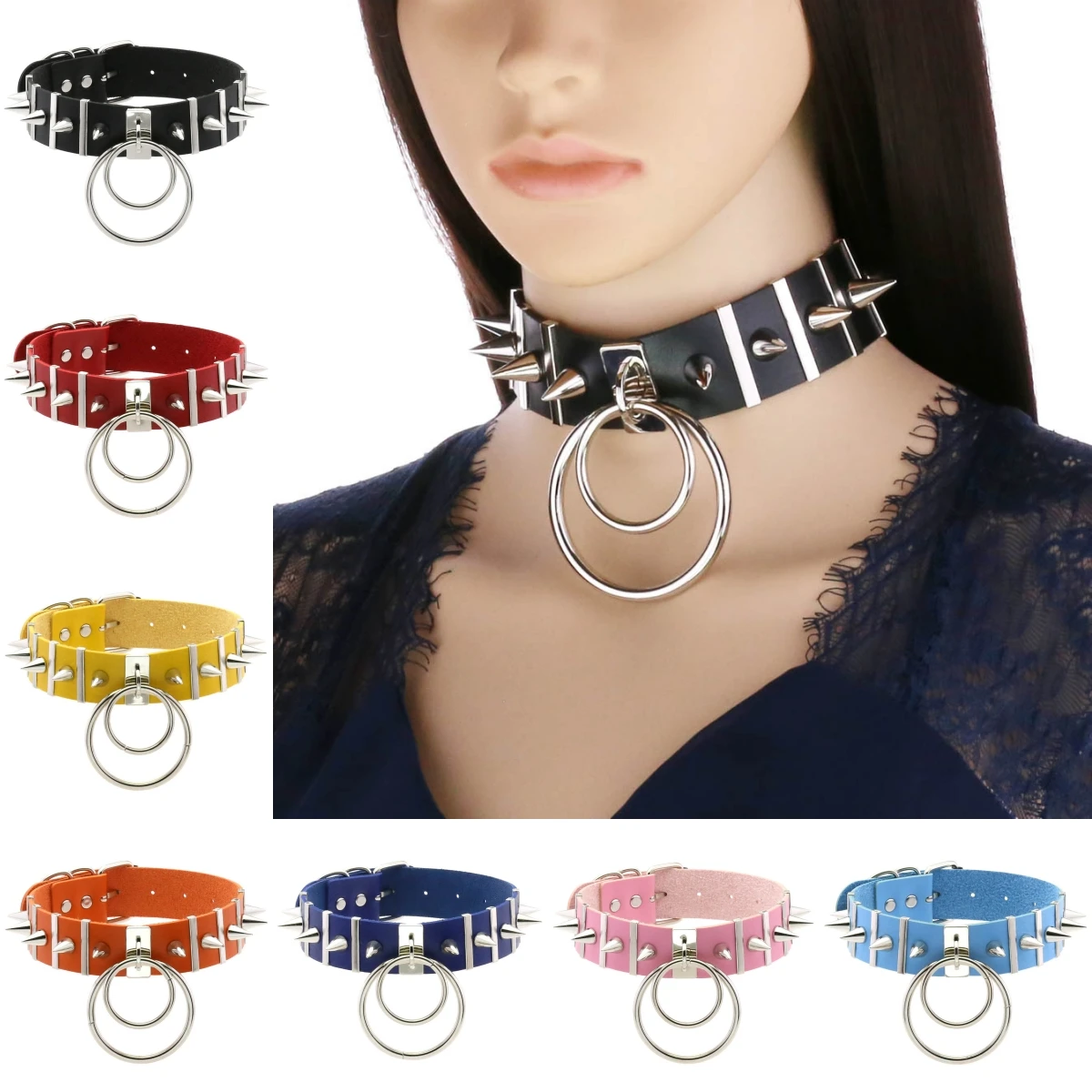 Fashion Harajuku Black PU Leather Long Rivet Choker Necklace Women's Punk Gothic Spike Necklace O-Round Pendant Collar Jewelry