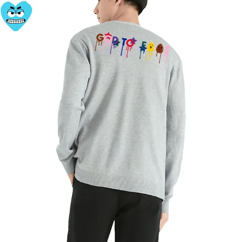 Break Egg Men Open Woolen Sweater Heart Embroidered Colorful Letter Printed V-neck Single Breasted Long Sleeve Autumn Sweater