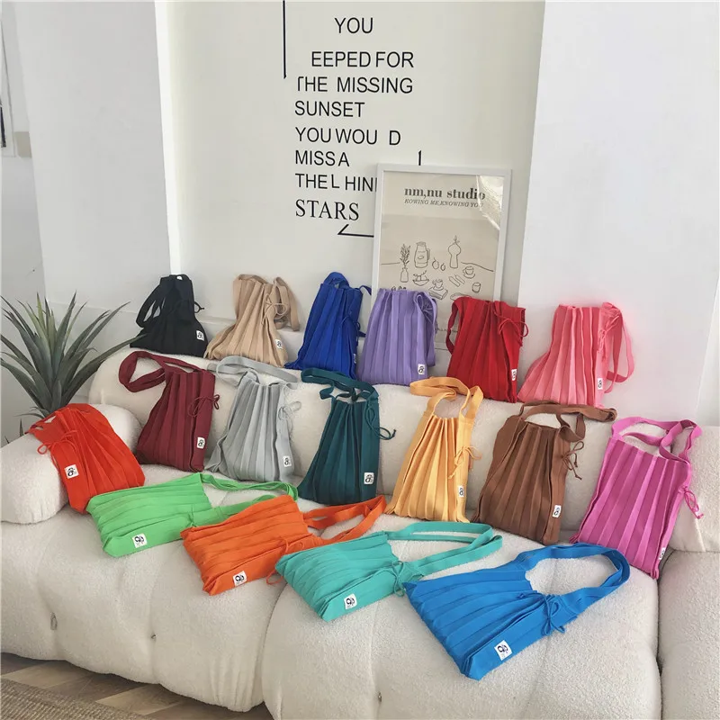 Female Wool Knitted Pleats Tote Organ Bag Designer Chic Stitching Contrast Korean Fashion Shoulder Shopper Handbag For Women