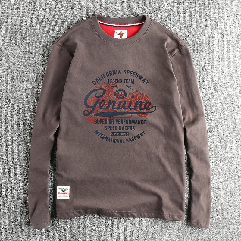 Personalized vintage motorcycle letter pattern long sleeve T-shirt men\'s wash woolen cotton comfortable all-match base shirt