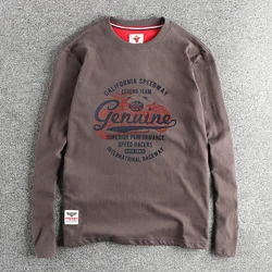 Personalized vintage motorcycle letter pattern long sleeve T-shirt men's wash woolen cotton comfortable all-match base shirt