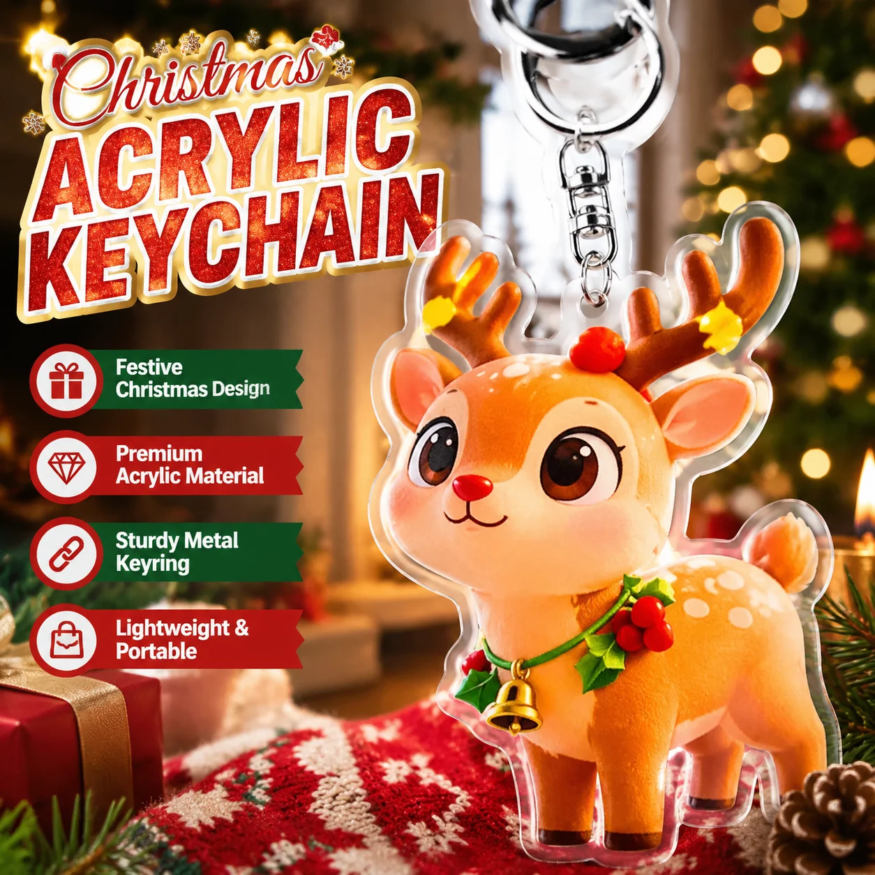 17/34/68Pcs Acrylic Santa Snowman Deer Theme Keychain Pendant for Christmas New Year Carnival Party Gift Gift Bag Pinata Filler