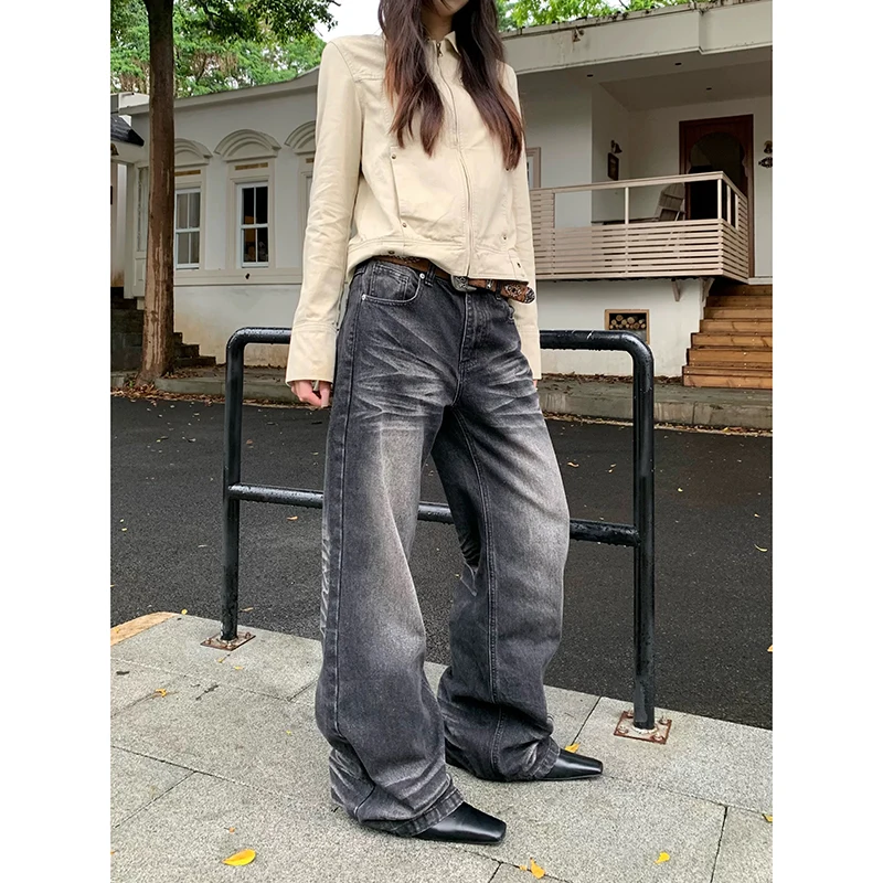 

ZHIZOU Women Black Denim Jeans Baggy Y2K Harajuku High Street 2000s Style Aesthetic Retro Wide Leg Jeans Long Pants Clothing