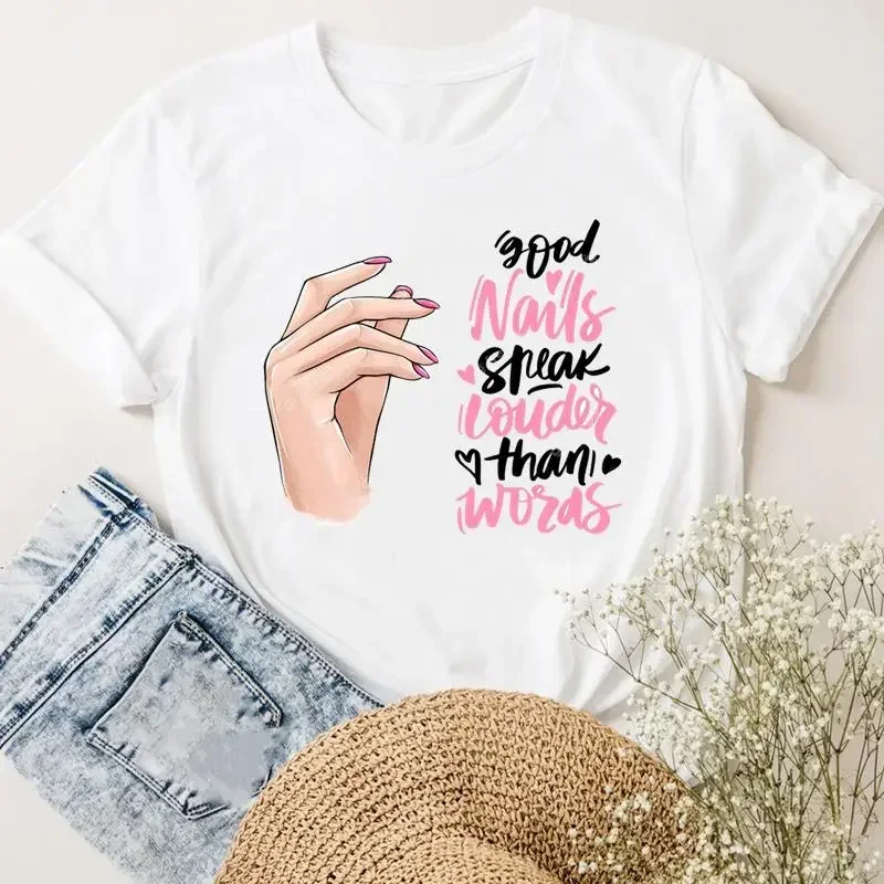 Camiseta de manga corta para mujer, ropa informal a la moda con estampado de Arte de uñas, amor, maquillaje, Verano