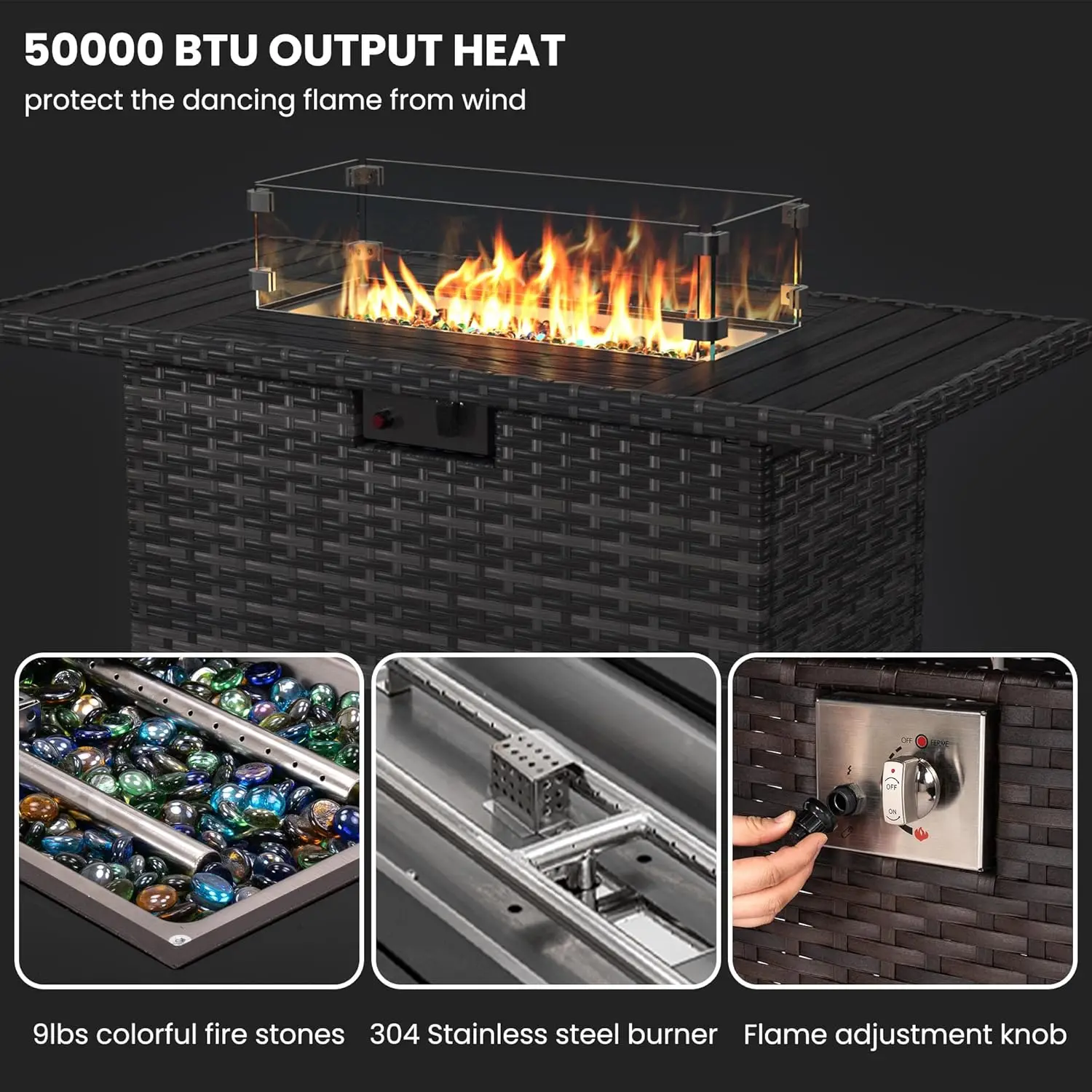 Mobiliário de exterior Rattan Define com Fire Pit Table, Sofá Modular Set para quintal, deck e mesa de café