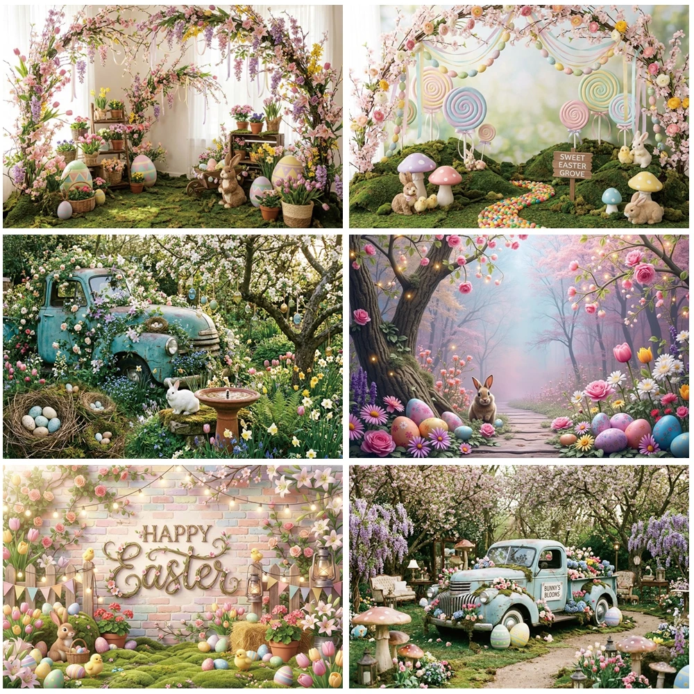 

MOON.QG Easter House Bunny Rabbit Backdrop Bokeh Eggs Mushroom Photographic Background Product Baby Shower Photobooth Shooting