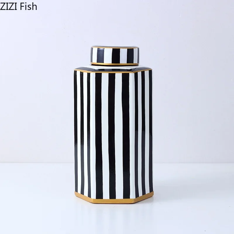 Ceramic Jar Geometric Black and White Stripes with Cover Storage Flower Vase Flower Arrangement Ceramic Crafts Home Decoration