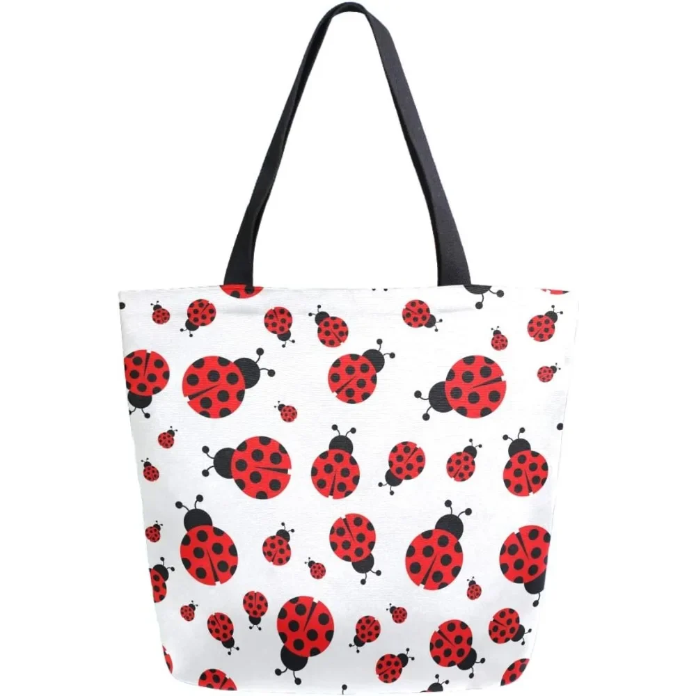 

Fresh Ladybug Pattern Extra Large Canvas Beach Travel Reusable Grocery Shopping Tote Bag Market Portable Storage HandBags
