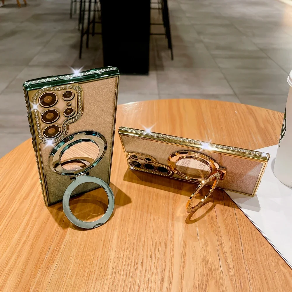 الفاخرة الماس واضح بريق Magsafe حقيبة لهاتف سامسونج غالاكسي S25 S24 الترا S23 S22 زائد مرآة حامل هاتف مغناطيسي حامل غطاء