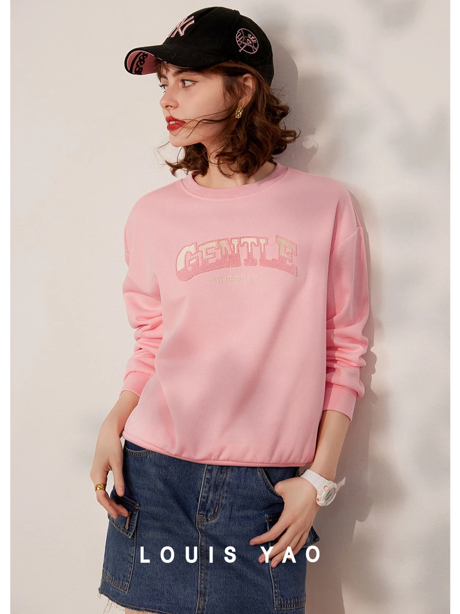 

LOUIS YAO Women Pullover 2024 Spring New Sweatshirt Round Neck Long Sleeve Embroider Letter Loose Casual Fashionable Tops