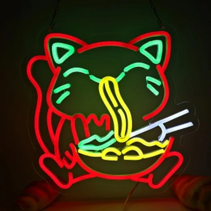 Ramen Cat Neon Signs Noodles Shop Wall Decoration Business Store Led Lights Up Sign For Restaurant Food Shop Lamp Dimmable USB