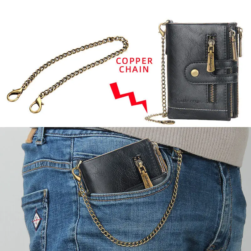 محفظة رجالية قصيرة ثنائية الطي من جلد البولي يوريثان وحامل بطاقات بسحاب مزدوج وسلسلة مضادة للسرقة وجيب للعملات المعدنية مع نافذة لبطاقة الهوية #4