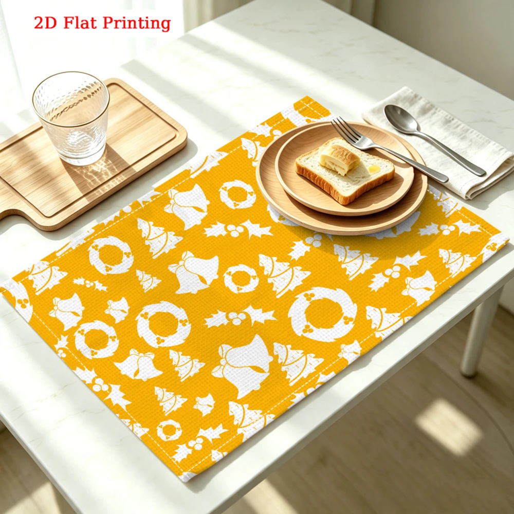 1Pc Christmas Style Yellow Bell Wreath Pattern Placemat 2D Flat Printing Kitchen Dining Party Decoration 30X40Cm