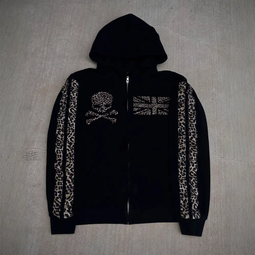 Y2K Leopard Print Hoodies Sweatpants Set Casual Street Punk Men Two Piece Sets Zipper Hoodie Women's Fashion Clothing