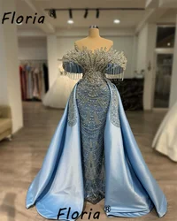 Two Pieces Blue Dubai Women Celebrity Party Dress Crystal Silver Tassels Mermaid Wedding Event Gown Guest Beads Vestidos de gala