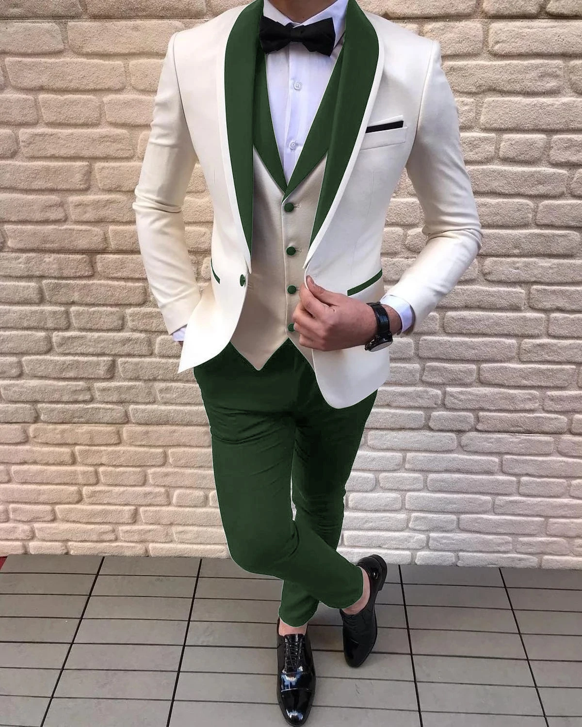 

Business Suits for Men Wedding Groom Ivory Jacket Vest Dark Green Pant Men Dress Costume Homme Prom Party Men Clothes 3 Pcs