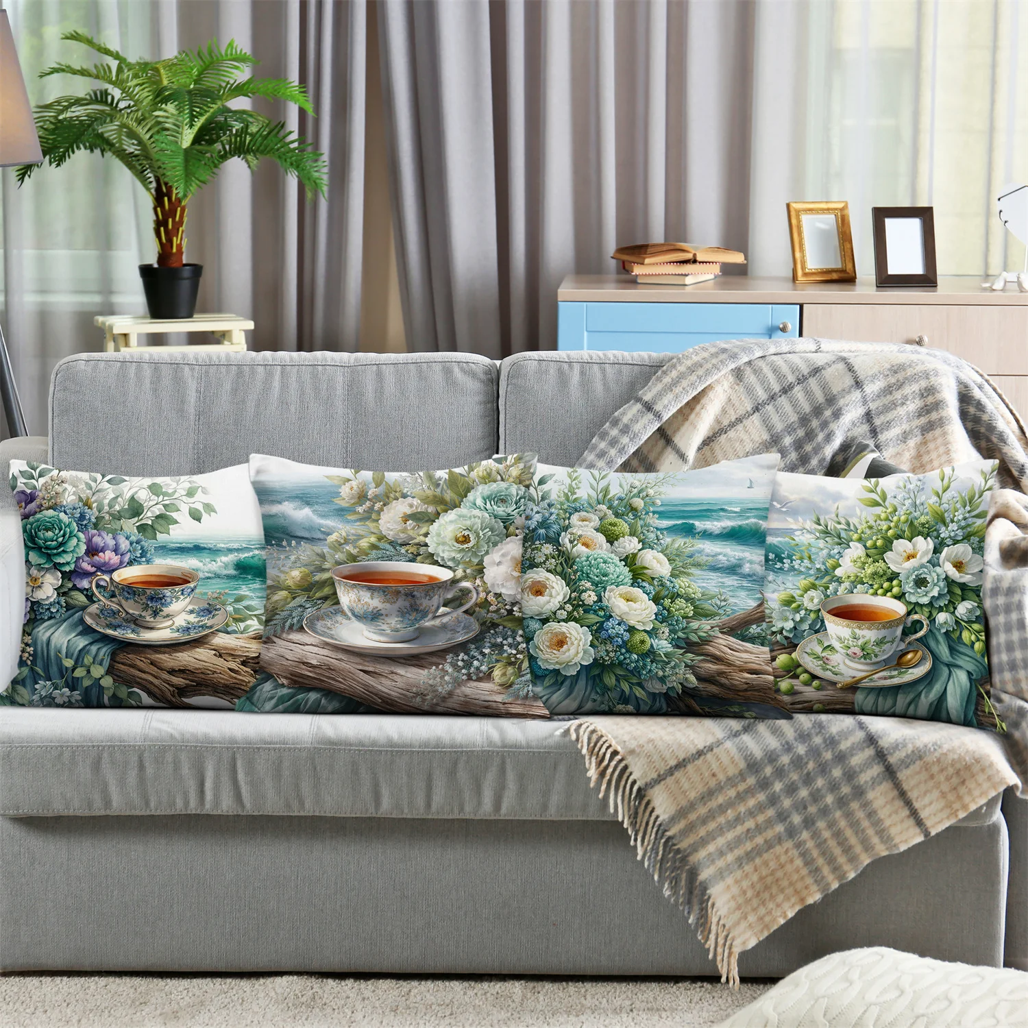 Seaside Tea Cup Flowers digital printing pillow cover Short plush Suitable living rooms bedrooms sofas throw cushion cover