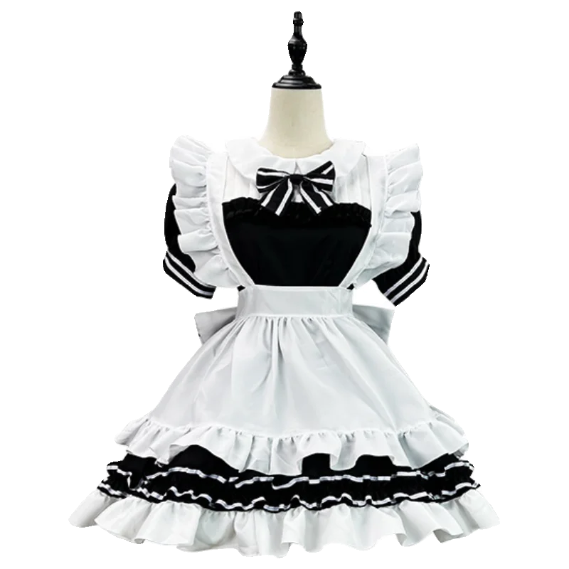 L-5XL Large Size Maid Uniform Classic Black White COS Women Japanese Dress Sweet Bow Ruffles High Waist Short Princess Dresses