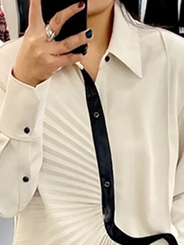 

Women Apricot Irregular Pleated Elegant Blouse New Lapel Long Sleeve Loose Fit Shirt Fashion Spring Autumn 2024 1DE8946