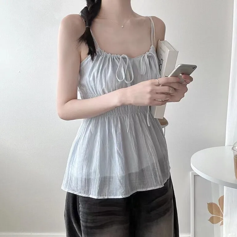 Korean Style Women's Tank Top Casual Sexy Waist-Cinching Short Shirt Pleated Chiffon Loose Fit Summer Fashion Trend
