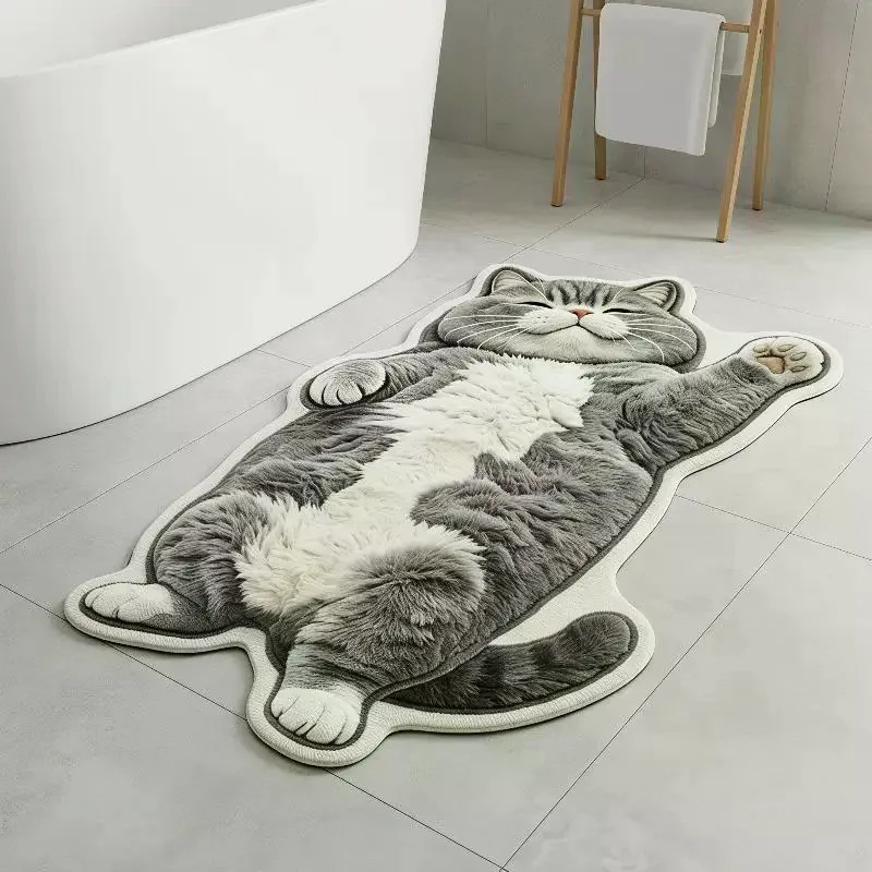 Cat Shaped Thick Plush Area Rug Washable Non-Slip Floor Mat for Bedroom Bedside Living Room Holiday Gift Option