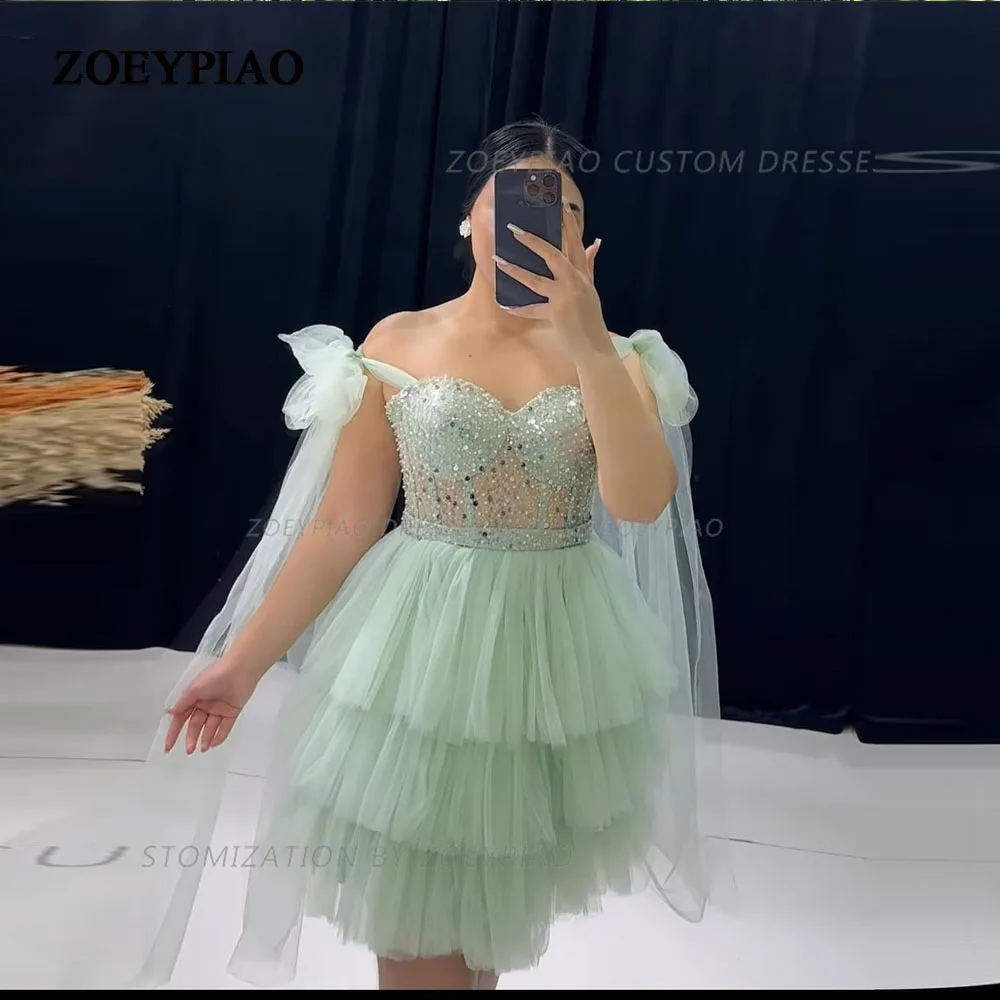 

Green Prom Dresses Off Shoulder Glitters Tulle Beaded A Line Long Tiered Tulle Shiny Formal Party Evening Gowns Custom made