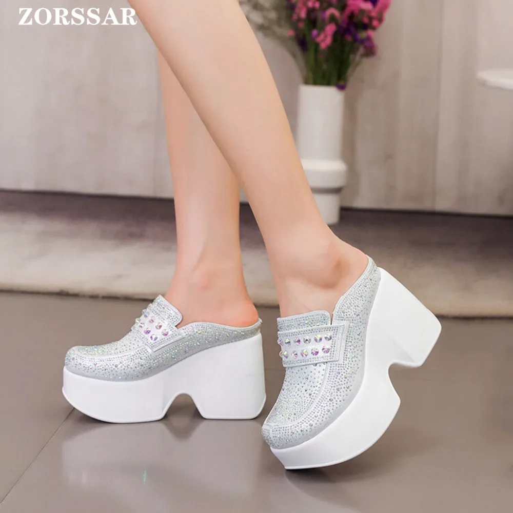 Women Summer Sandal Casual Slingbacks High Heels Pumps Slip on Mules Women Crystal Platform Wedges Slippers Woman