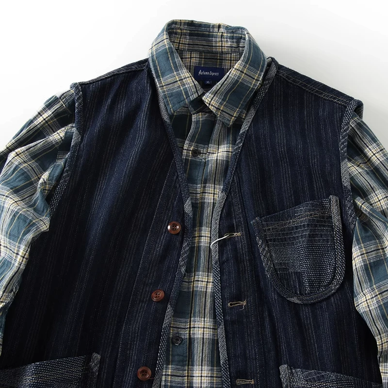 

Мужская джинсовая жилетка большого размера в стиле ретро, с цветными вставками, без рукавов, в американском стиле, без наплечников