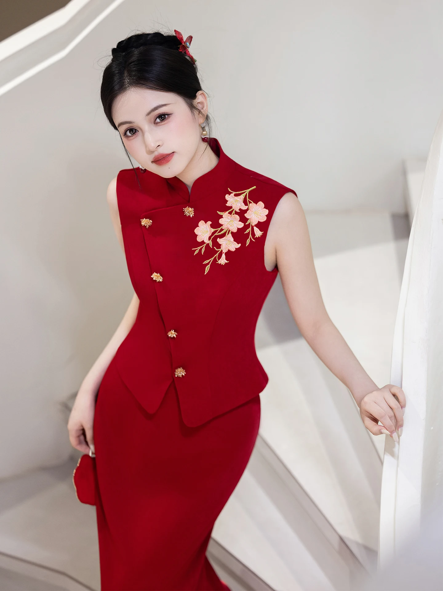 

Red Chinese Style Wedding Dress Morning Robe New Bride Serving Costume Revamped Retro Style for Engagement And Home...
