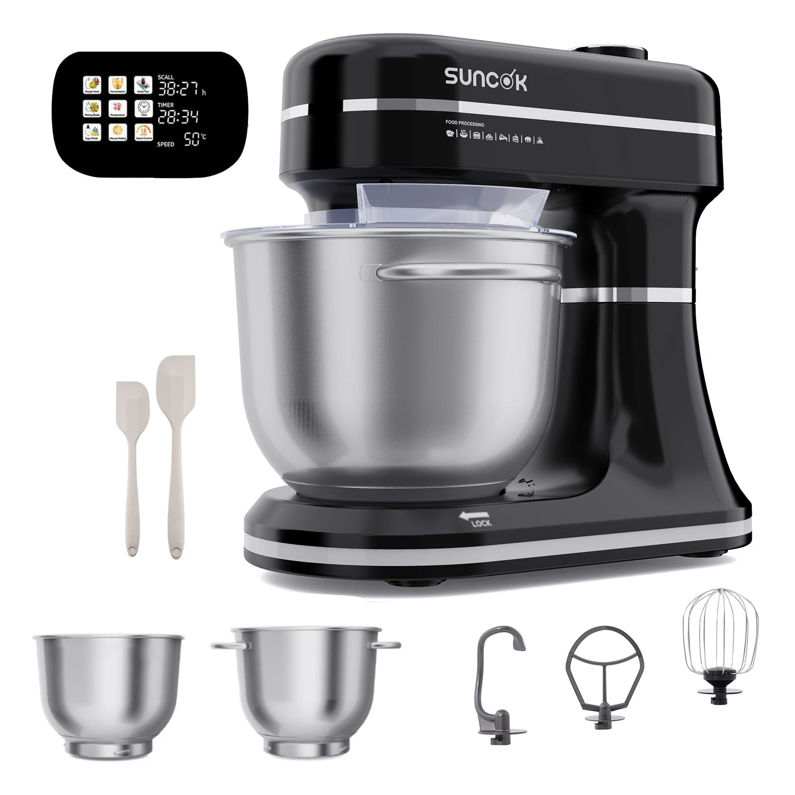 Planetaire keukenmixer 1500W – Touchscreen & Pulse-versie | Multifunctionele voedselrobot, 2 roestvrijstalen kommen 4,5+5,5 L, weegschaal + timer, fermentatie-/verwarmingsfunctie