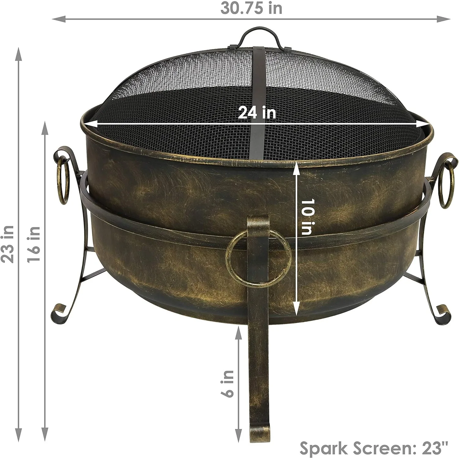 Cuenco para fogones al aire libre estilo caldero de 24 pulgadas ~ 34 pulgadas con pantalla de chispa, póker de troncos y rejilla de madera - Acabado en bronce oscuro