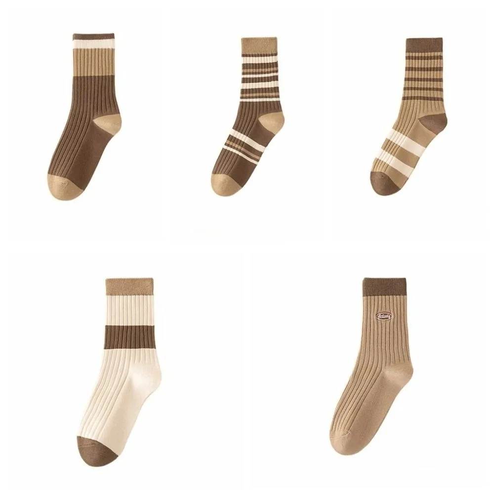 5Pairs Fashion Retro Women's Cotton Socks Soft Breathable Stripe Tube Socks Thin Hosiery Mid-calf Socks Unisex