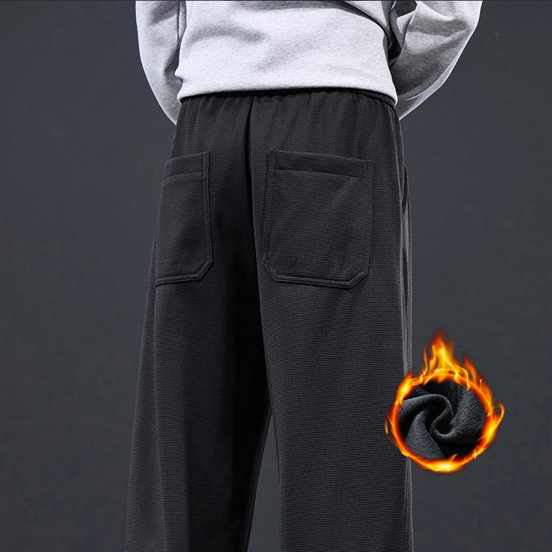 Winter Elastic Men's Fleece Casual Pants Drawstring Thicken Sweatpants Male Korean Fashion Straight Wide Baggy Plush Trousers