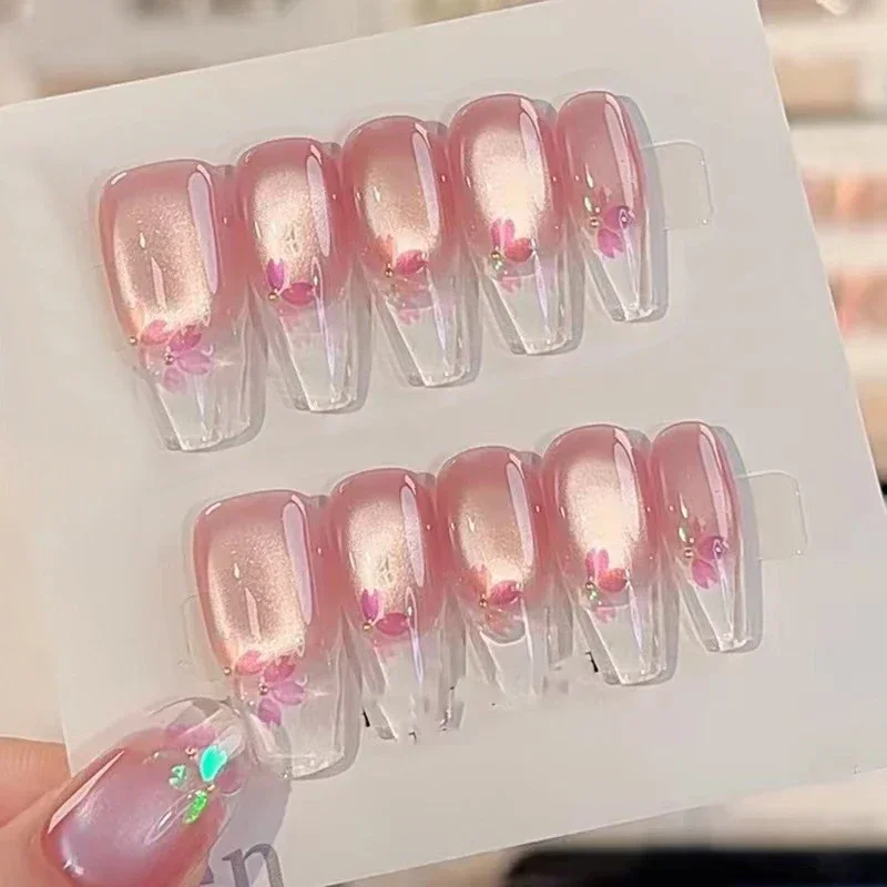 10pcs Aurora Cat Eye Handmade Press on Nails Pink Cherry Blossom False Nails Crystal Flower Pearl Fake Nails French Coffin Nail