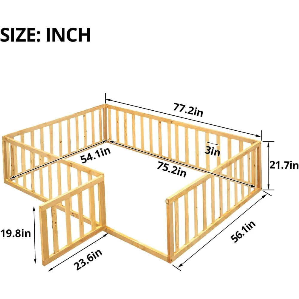 Full Floor Bed Solid Wood Montessori Beds Frame with Door & Safety Guardrails Montessori Floor Bed for Children, No Weight Limit