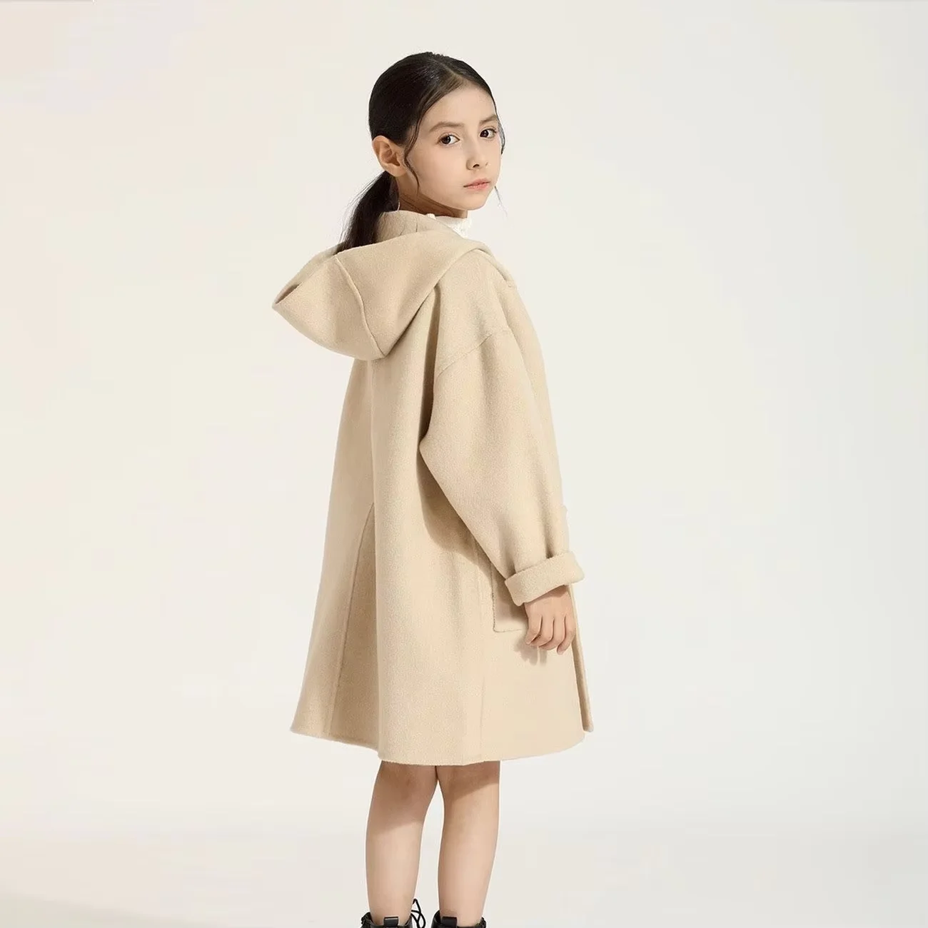 Teen Girls Double Faced Cashmere Woolen Hooded Coat Autumn Winter Thick Warm Fashion Children Outerwear Jacket