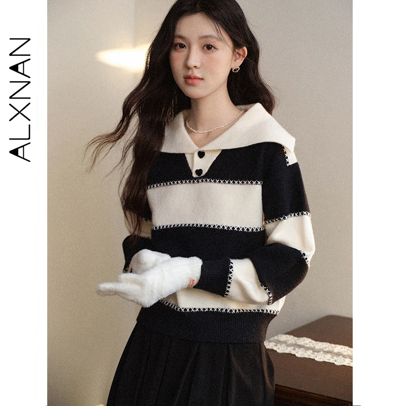 

ALXNAN Women's Sweater Striped Patchwork Buttoned Placket Flip Collar Knitted Sweater Elasticity Gentle Ladies Pullovers L58151