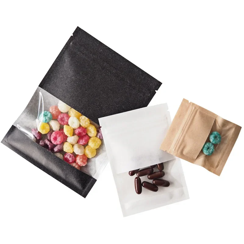 1000Pcs/Lot Small Black/Brown/White Kraft Paper Ziplock Bag With Window Food Earring Jewelry Packaging Pouches Wholesale