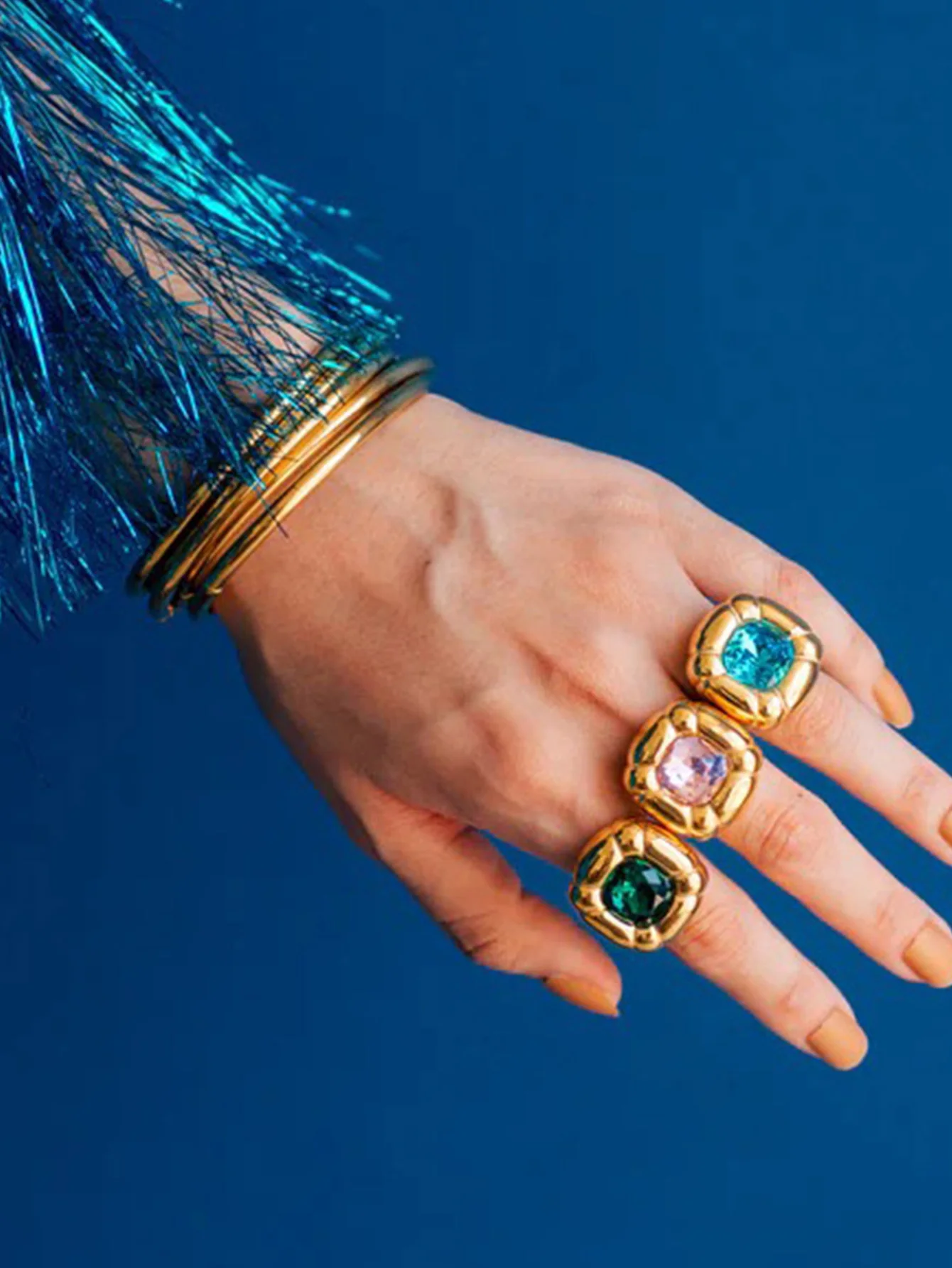 Multicolored Stylish Rounded Square Zircon Flower Rings Gold Plated Stainless steel ring woman Daily Waterproof Jewelry gift