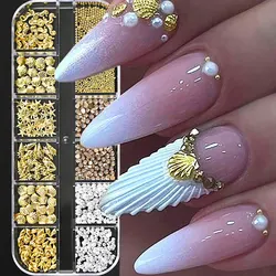 12Grid 3D Gold Ocean Rivet Nail Charms Mixed Seahorsea/Starfish /Conch Pearl/Mini Caviar Beads/Rhinestone Nail Jewery Decoration