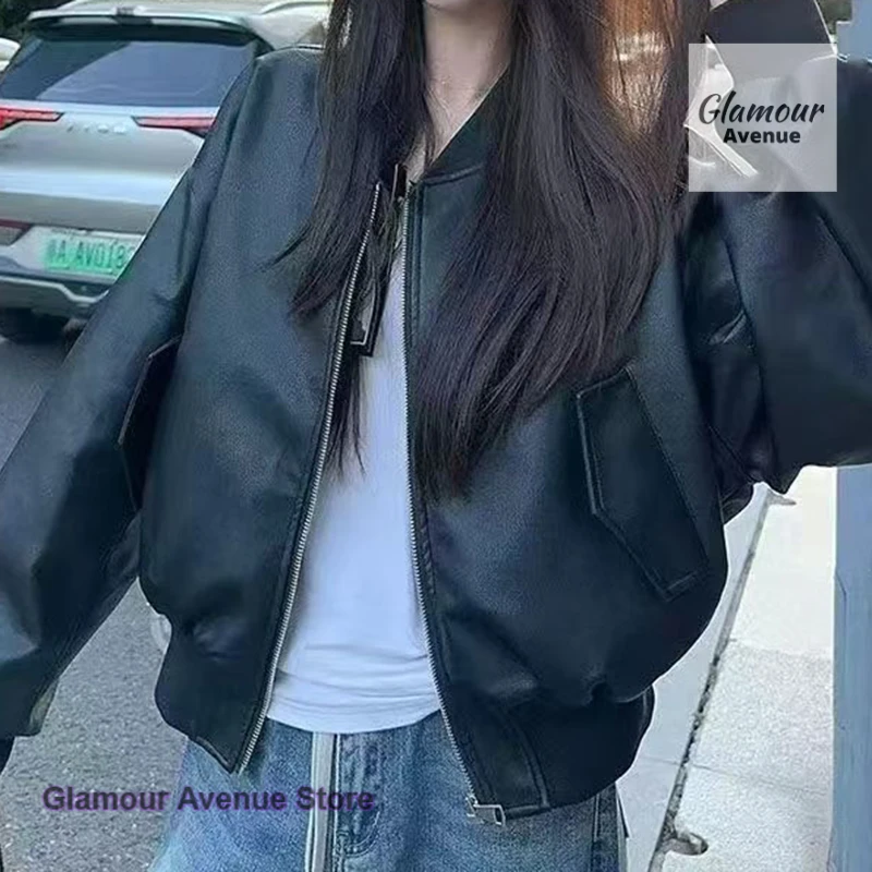 

American fashion black zipper short long-sleeved baseball uniform leather jacket women's spring and autumn new retro loose top