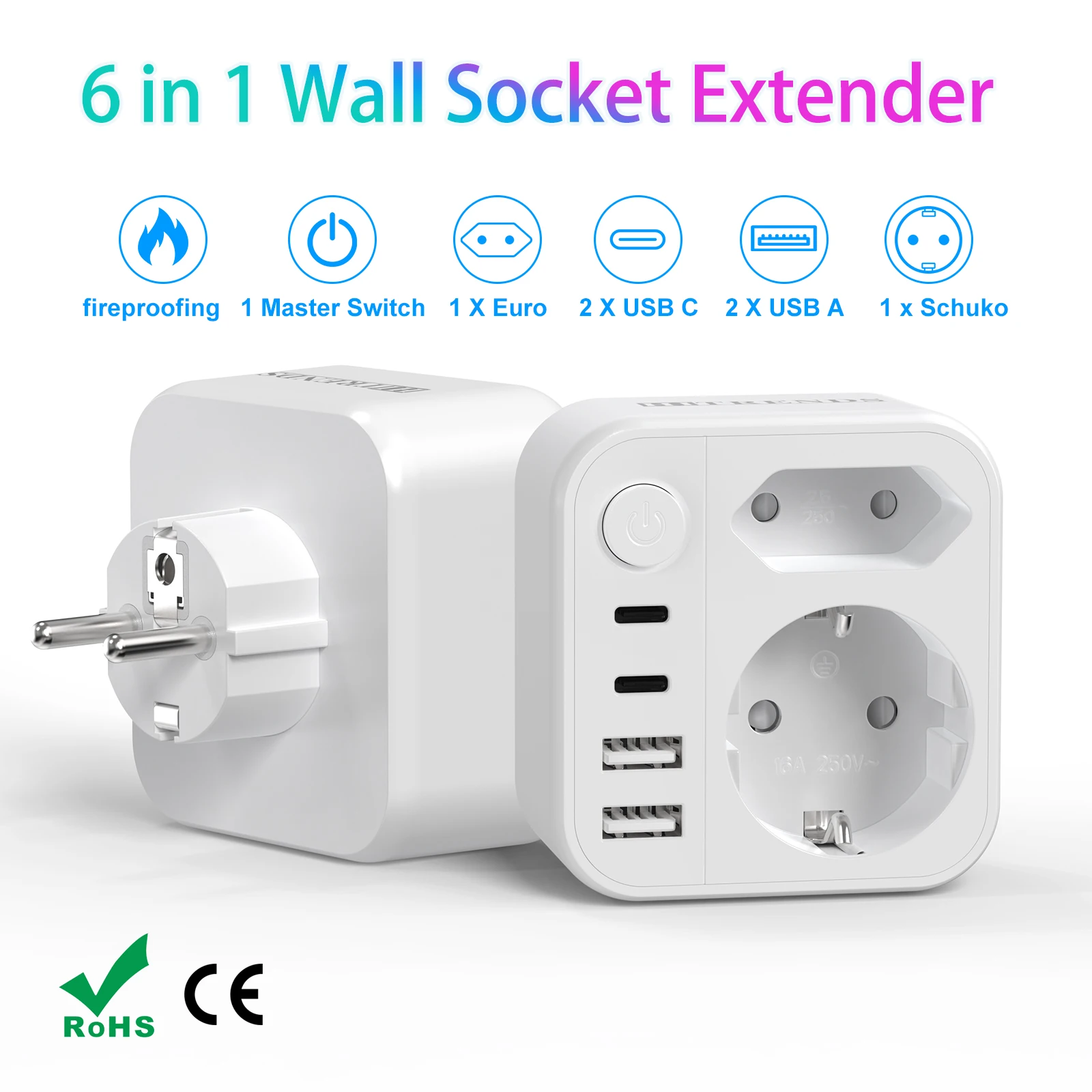 

Удлинитель настенной розетки с вилкой европейского стандарта, 1 розеткой переменного тока, 2 USB QC3.0 и 2 адаптерами типа C, многоразъемное зарядное устройство для домашних путешествий